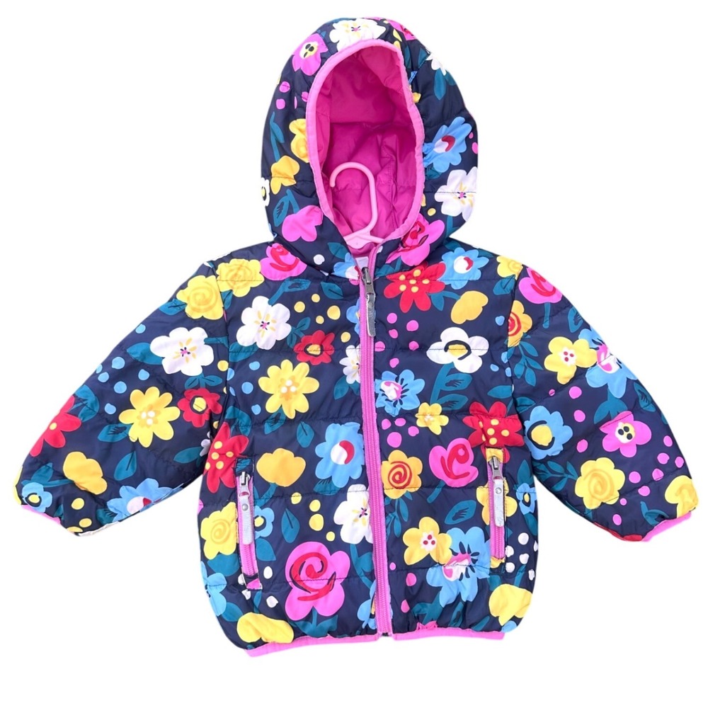 Hanna Andersson Toddler Girl Navy Floral Down Puffer Jacket Hooded Size 80 US 2